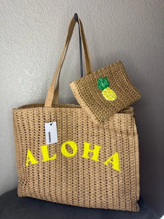 Sonoma ALOHA Straw Tote Bag w/ Pineapple Wristlet NWT Large Summer Beach Bag - Picture 2 of 11